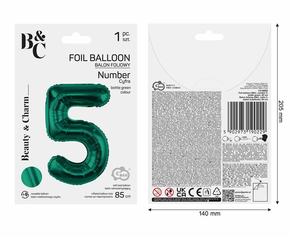Balon foliowy B&C, cyfra 5, zieleń butelkowa, 85 cm